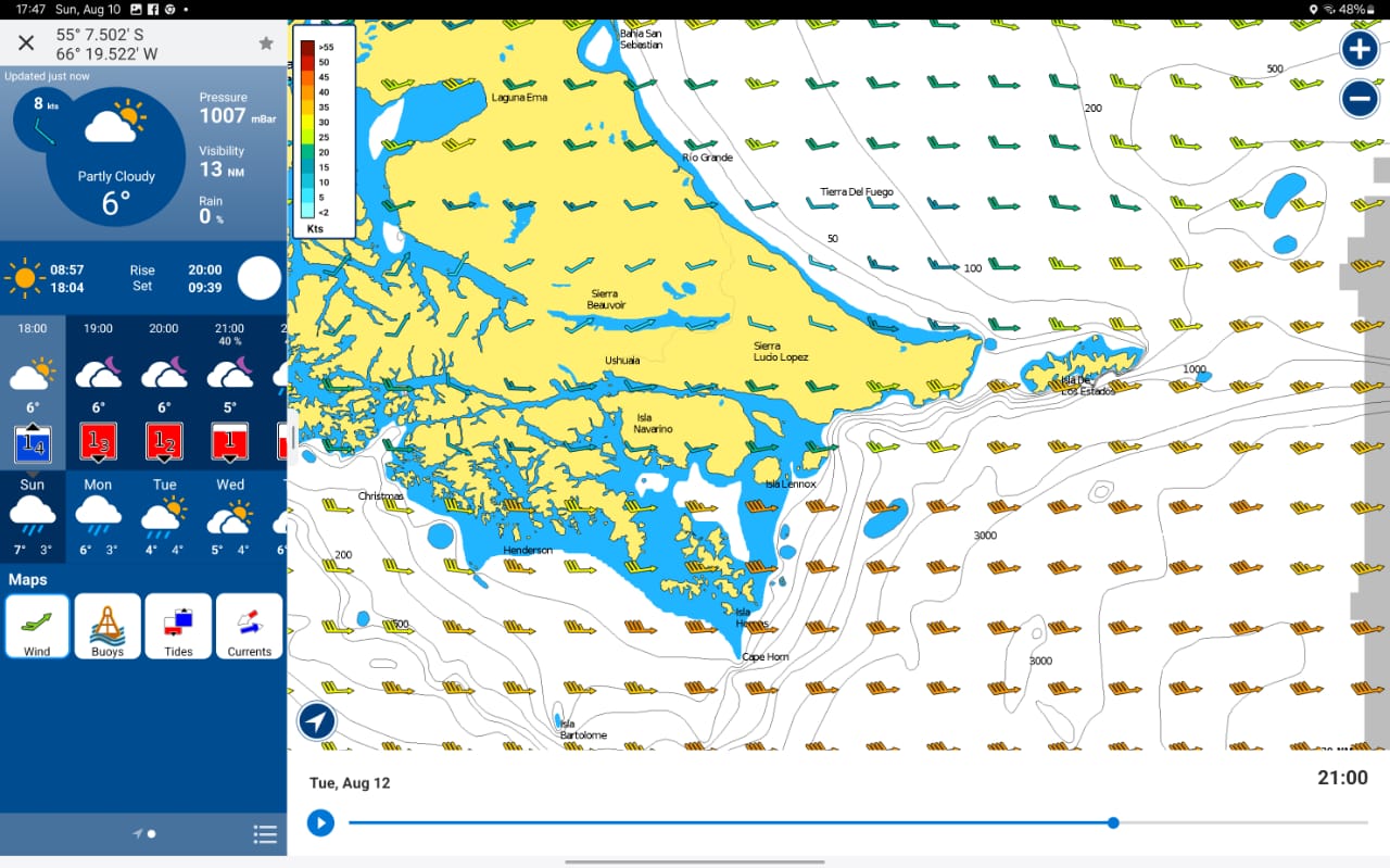 Pronóstico meteorológico en Navionics Boating.